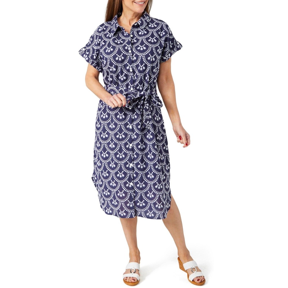 Figueroa & Flower Navy Blue Embroidered Midi Shirt Dress Size XL